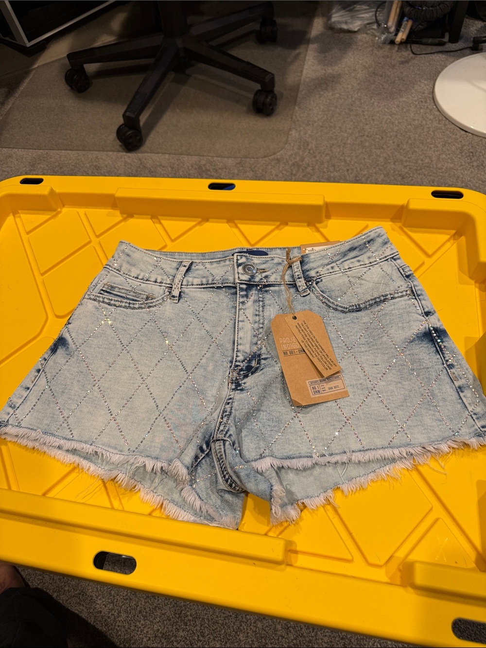 Indigo Light Blue Quilted Sequin Denim Shorts with Frayed Hem